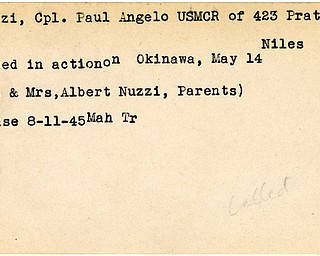World War II, Vindicator, Paul Angelo Nuzzi, Niles, wounded, Okinawa, Mr. & Mrs. Albert Nuzzi, 1945, Mahoning, Trumbull