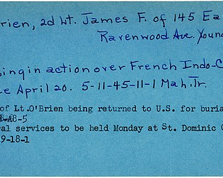 World War II, Vindicator, James F. O'Brien, Youngstown, missing, French Indo-China, 1945, body returned to U.S, burial, funeral, St. Dominic Church, 1948, 1949, Mahoning, Trumbull
