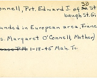 World War II, Vindicator, Edward J. O'Connell, Girard, wounded, Europe, France, Mrs. Margaret O'Connell, 1945, Mahoning, Trumbull