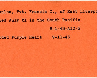 World War II, Vindicator, Francis C. O'Hanlon, East Liverpool, killed, South Pacific, Awarded, Purple Heart, 1943
