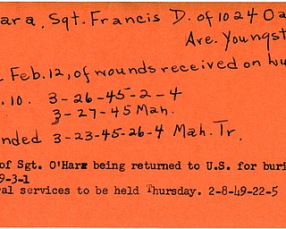 World War II, Vindicator, Francis D. O'Hara, Youngstown, died of wounds, wounded, killed, Luzon, 1945, Mahoning, Trumbull, body returned to U.S., burial, funeral, 1949