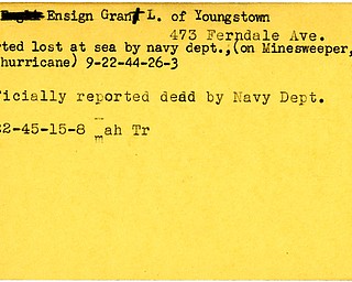 World War II, Vindicator, Grant L. Ohl, Youngstown, lost at sea, Minesweeper, missing, dead, 1944, 1945, Mahoning, Trumbull