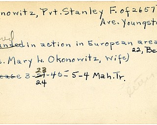 World War II, Vindicator, Stanley F. Okonowitz, Youngstown, injured, wounded, Europe, Belgium, Mrs. Mary L. Okonowitz, 1945, Mahoning, Trumbull