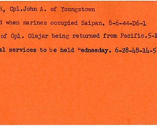 World War II, Vindicator, John A. Olejar, Youngstown, killed, Saipan, 1944, body returned to U.S., from Pacific, funeral, 1948