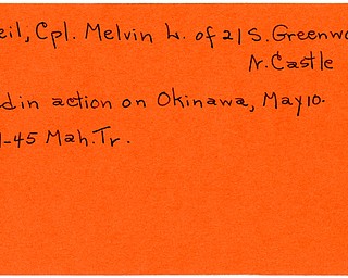 World War II, Vindicator, Melvin L. O'Neil, New Castle, killed, Okinawa, 1945, Mahoning, Trumbull