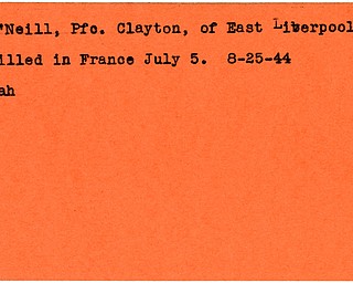 World War II, Vindicator, Clayton O'Neill, East Liverpool, killed, France, 1944, Mahoning