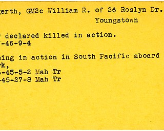 World War II, Vindicator, William R. Ongerth, Youngstown, missing, South Pacific, sub Shark, 1945, declared killed, 1946, Mahoning, Trumbull