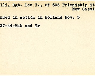 World War II, Vindicator, Leo F. Orelli, New Castle, wounded, Holland, 1944, Mahoning, Trumbull