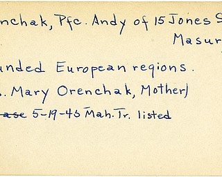 World War II, Vindicator, Andy Orenchak, Masury, wounded, Europe, Mrs. Mary Orenchak, 1945, Mahoning, Trumbull
