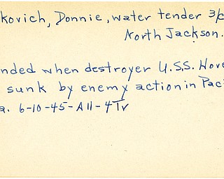 World War II, Vindicator, Donnie Oreskovich, North Jackson, wounded, Pacific, U.S.S Hovey, 1945, Trumbull