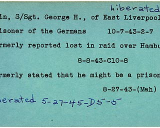 World War II, Vindicator, George H. Orin, East Liverpool, prisoner, Germans, Germany, 1943, lost, missing, Hamburg, liberated, 1945, Mahoning