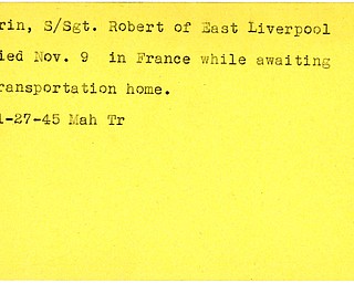 World War II, Vindicator, Robert Orin, East Liverpool, died, France, 1945, Mahoning, Trumbull