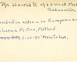 World War II, Vindicator, Harold R. Orr, Salineville, wounded, Europe, Mrs. Leona M. Orr, 1945, Mahoning, Trumbull