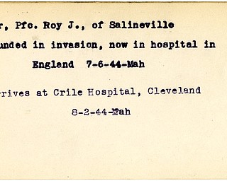 World War II, Vindicator, Roy J. Orr, Salineville, wounded, England, arrives, Crile Hospital, 1944, Mahoning