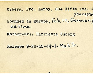 World War II, Vindicator, Leroy Osberg, Youngstown, wounded, Europe, Germany, wounded second time, Mrs. Harriette Osberg, 1945, Mahoning, Trumbull