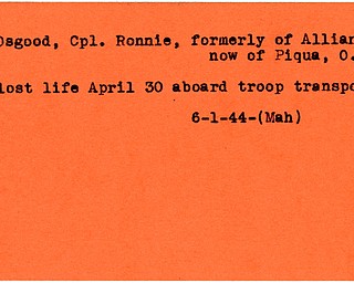 World War II, Vindicator, Ronnie Osgood, Alliance, Piqua, Ohio, died, troop transport, 1944, Mahoning