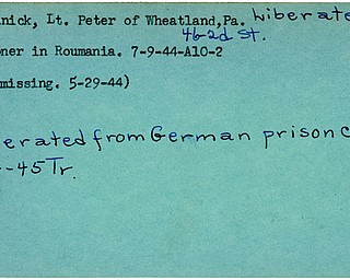 World War II, Vindicator, Peter O'Shanick, Wheatland, Pennsylvania, missing, prisoner, Roumania, liberated, German prison camp, 1944, 1945, Trumbull