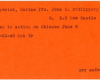 World War II, Vindicator, John C. Ostapowicz, Slippery Rock, New Castle, killed, Okinawa, 1945, Mahoning, Trumbull