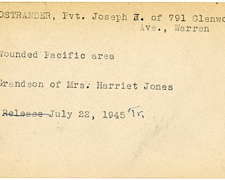 World War II, Vindicator, Joseph J. Ostrander, Warren, wounded, Pacific, Mrs. Harriet Jones, 1945, Trumbull