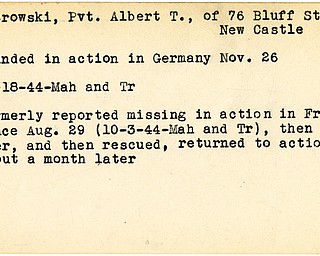 World War II, Vindicator, Albert T. Ostrowski, New Castle, wounded, Germany, 1944, Mahoning, Trumbull, missing, France, prisoner, rescued, liberated, returned to action