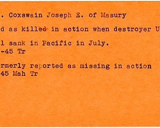 World War II, Vindicator, Joseph E. Ott, Masury, missing, killed, Pacific, 1945, Mahoning, Trumbull
