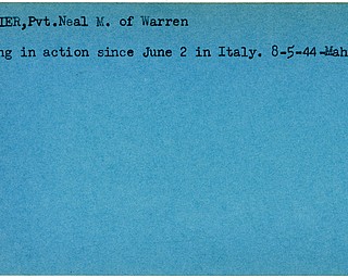 World War II, Vindicator, Neal M. Overmier, Warren, missing, Italy, 1944, Mahoning, Trumbull
