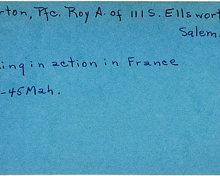 World War II, Vindicator, Roy A. Overton, Salem, missing, France, 1945, Mahoning