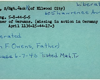 World War II, Vindicator, Jack K. Owens, Ellwood City, missing, prisoner, Germans, Germany, 1944, liberated, John F. Owens, 1945, Mahoning, Trumbull