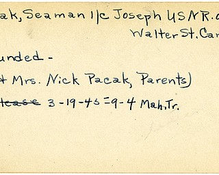 World War II, Vindicator, Joseph Pacak, Campbell, wounded, Mr. & Mrs. Nick Pacak, 1945, Mahoning, Trumbull