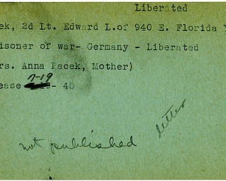 World War II, Vindicator, Edward L. Pacek, Youngstown, prisoner, Germany, liberated, Mrs. Anna Pacek, 1945
