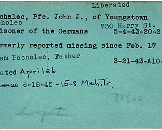 World War II, Vindicator, John J. Pachalec, John J. Pacholec, Youngstown, missing, prisoner, Germans, Germany, 1943, liberated, 1945, Mahoning, Trumbull, Adam Pacholec