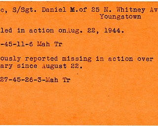 World War II, Vindicator, Daniel M. Pagac, Youngstown, missing, Hungary, killed, 1944, 1945, Mahoning, Trumbull