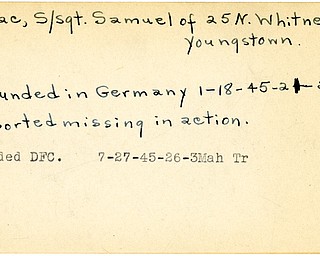 World War II, Vindicator, Samuel Pagac, Youngstown, wounded, Germany, missing, awarded DFC, 1945, Mahoning, Trumbull