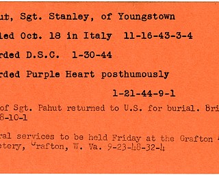 World War II, Vindicator, Stanley Pahuc, Youngstown, killed, Italy, 1943, Awarded D.S.C, 1944, awarded Purple Heart, body returned to U.S., burial, 1948, funeral, Grafton National Cemetery, Grafton, West Virginia