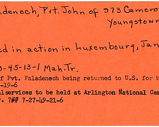 World War II, Vindicator, John Paladenech, Youngstown, killed, Luxembourg, 1945, Mahoning, Trumbull, body returned to U.S., burial, funeral, Arlington National Cemetery, 1949