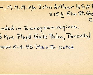 World War II, Vindicator, John Arthur Palm, Grove City, wounded, Europe, Mr. & Mrs. Floyd Gale Palm, 1945, Mahoning, Trumbull