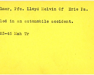 World War II, Vindicator, Lloyd Melvin Palmer, Erie, Pennsylvania, killed, automobile accident, 1945, Mahoning, Trumbull