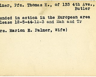 World War II, Vindicator, Thomas H. Palmer, Butler, wounded, Europe, 1944, Mahoning, Trumbull, Mrs. Marion E. Palmer