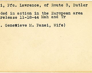 World War II, Vindicator, Lawrence Panei, Butler, wounded, Europe, 1944, Mahoning, Trumbull, Mrs. Genevieve M. Panei