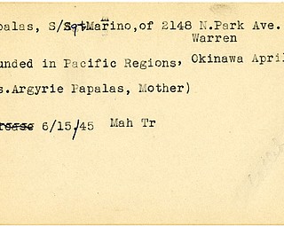 World War II, Vindicator, Marino Papalas, Warren, wounded, Pacific, Okinawa, Mrs. Argyrie Papalas, 1945, Mahoning, Trumbull