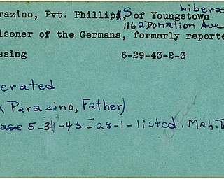 World War II, Vindicator, Phillip S. Parazino, Youngstown, prisoner, Germans, Germany, missing, liberated, Nick Parazino, 1943, 1945, Mahoning, Trumbull