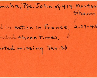 World War II, Vindicator, John Parimuha, Sharon, missing, wounded three times, killed, France, 1945, Trumbull