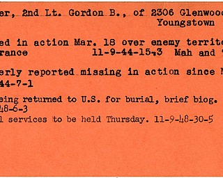 World War II, Vindicator, Gordon B. Parker, Youngstown, killed, France, enemy territory, 1944, Mahoning, Trumbull, missing, body returned to U.S., burial, 1948, funeral