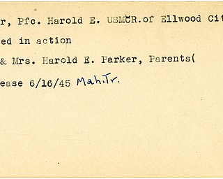 World War II, Vindicator, Harold E. Parker, Ellwood City, wounded, Mr. & Mrs. Harold E. Parker, 1945, Mahoning, Trumbull
