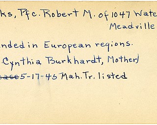 World War II, Vindicator, Robert M. Parks, Meadville, wounded, Europe, Mrs. Cynthia Burkhardt, 1945, Mahoning, Trumbull