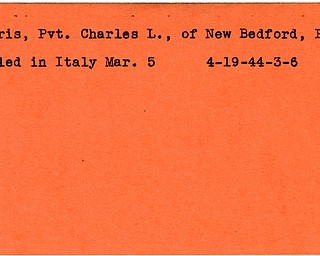 World War II, Vindicator, Charles L. Parris, New Bedford, Pennsylvania, killed, Italy, 1944