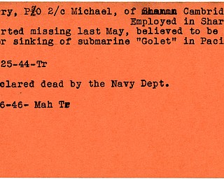 World War II, Vindicator, Michael Parry, Cambridge, missing, believed to be dead after sinking, submarine, Golet, Pacific, 1944, declared dead, 1946, Mahoning, Trumbull
