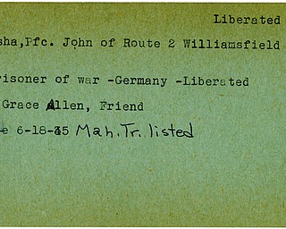 World War II, Vindicator, John Pasha, Williamsfield, prisoner, Germany, liberated, Mrs. Grace Allen, 1945, Mahoning, Trumbull