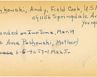 World War II, Vindicator, Andy Pashkowski, Andy Pash Kowski, Youngstown, wounded, Iwo Jima, Mrs. Ama Pashowski, Mrs. Ama Pashkowski, 1945, Mahoning, Trumbull