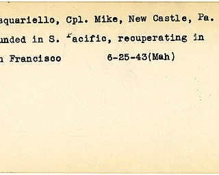 World War II, Vindicator, Mike Pasquariello, New Castle, Pennsylvania, wounded, South Pacific, San Francisco, 1943, Mahoning